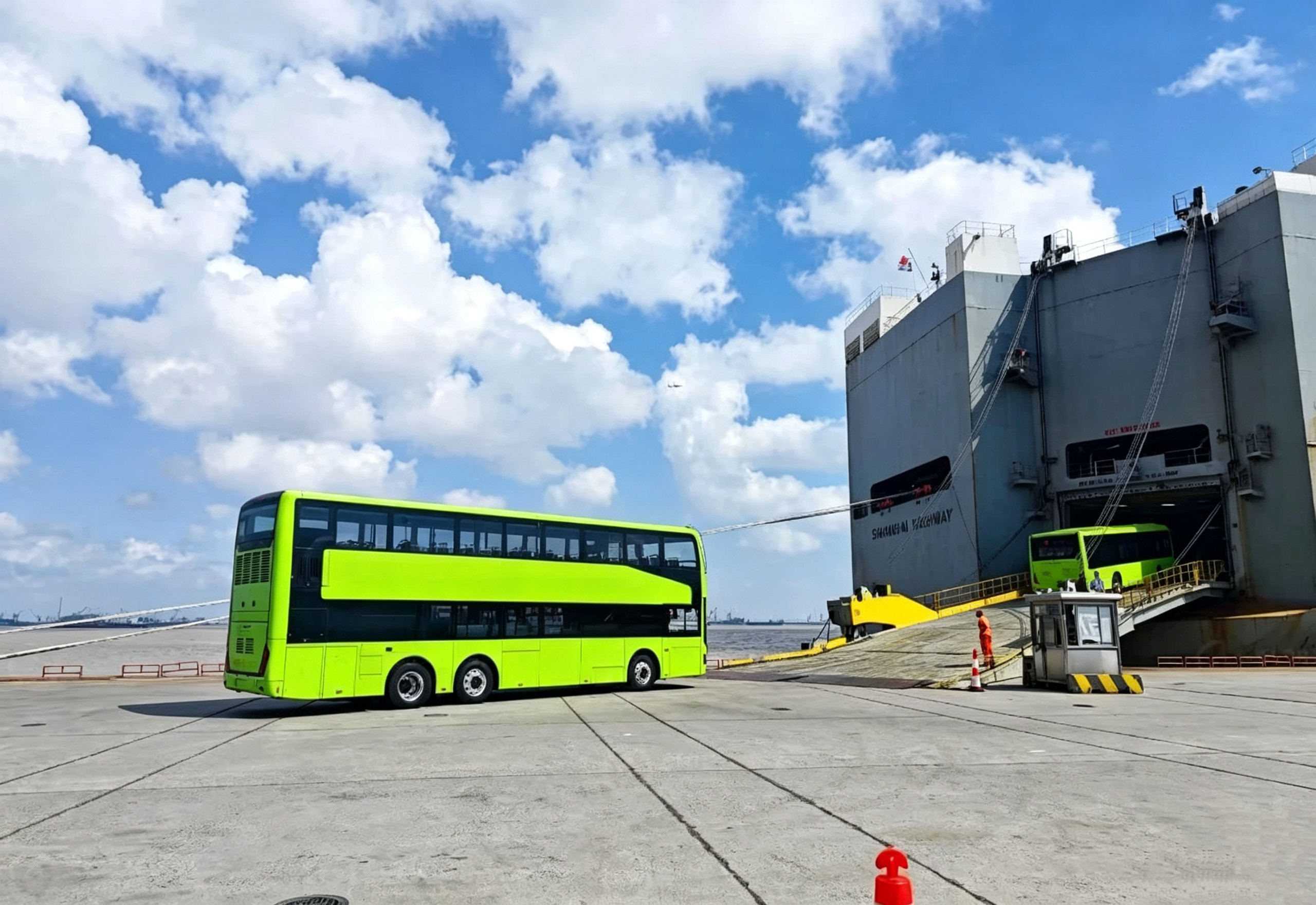 The bus is being driven onto the roll-on/roll-off ship.
