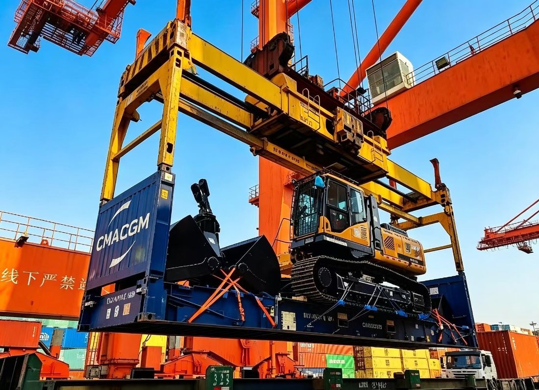 A tracked excavator secured on a flat-rack container being lifted onto a container vessel