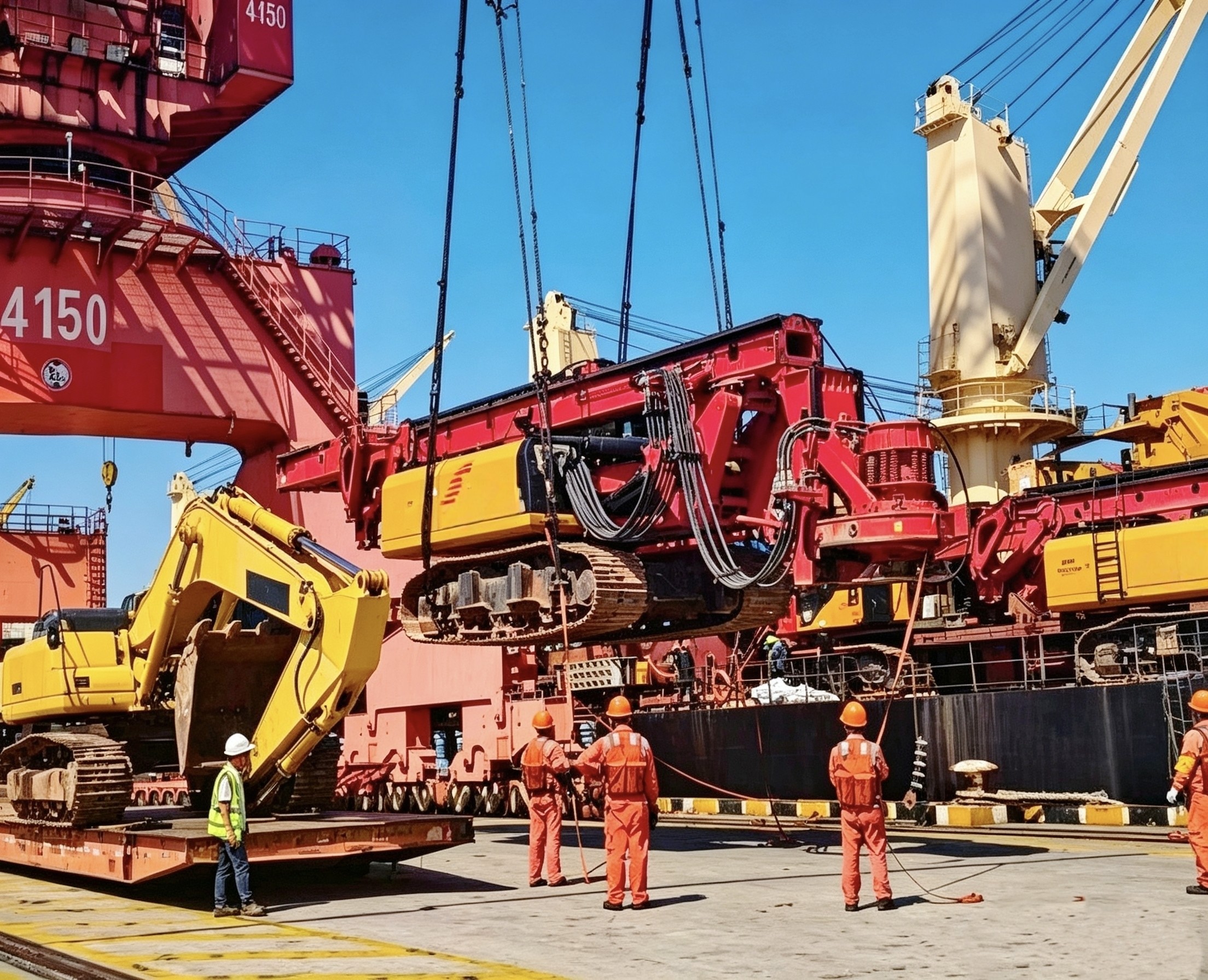 Crane lifting heavy equipment at port for loading