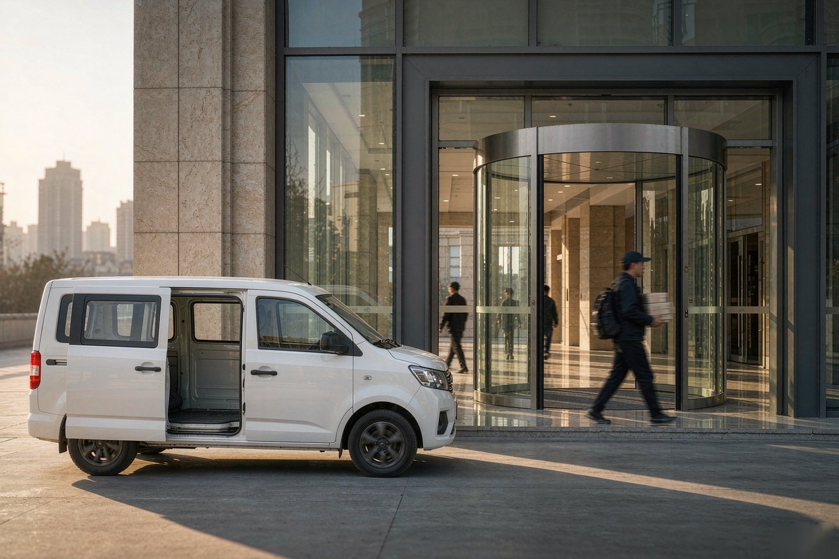 A delivery van at a commercial building entrance with a courier carrying parcels