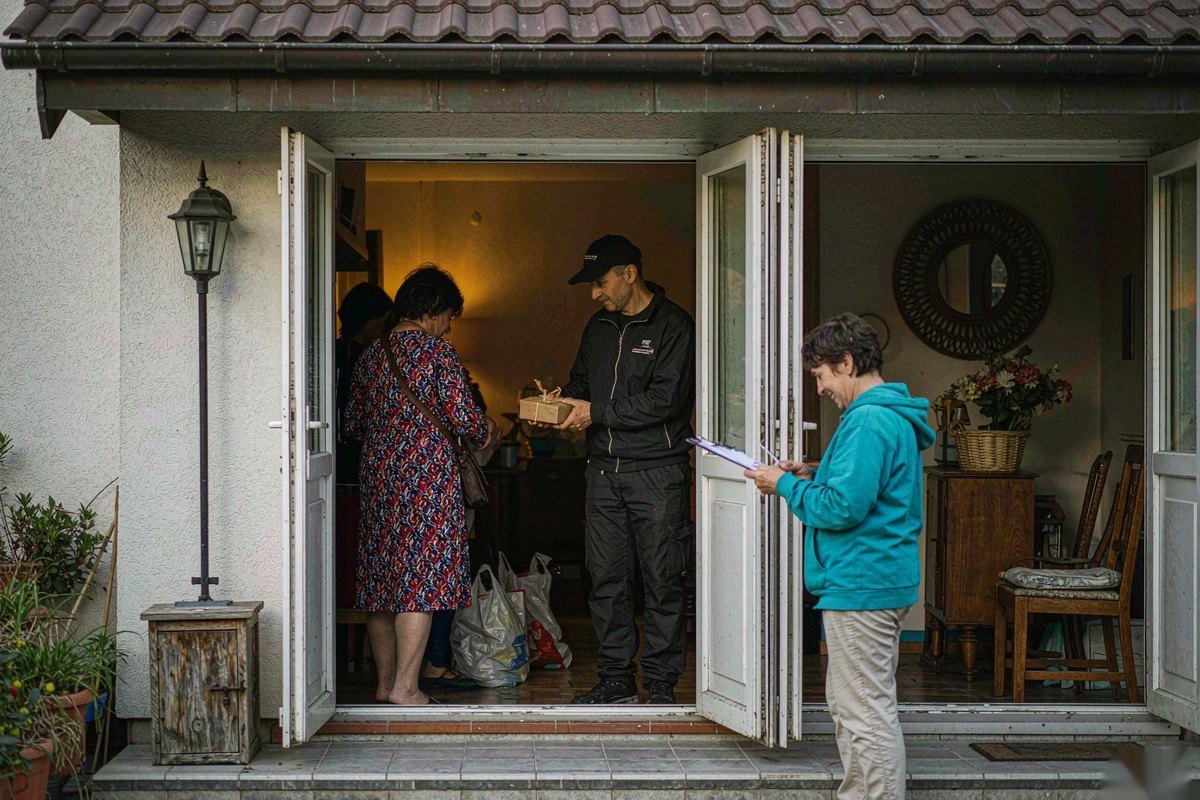 A courier handing a parcel to a recipient at a doorway
