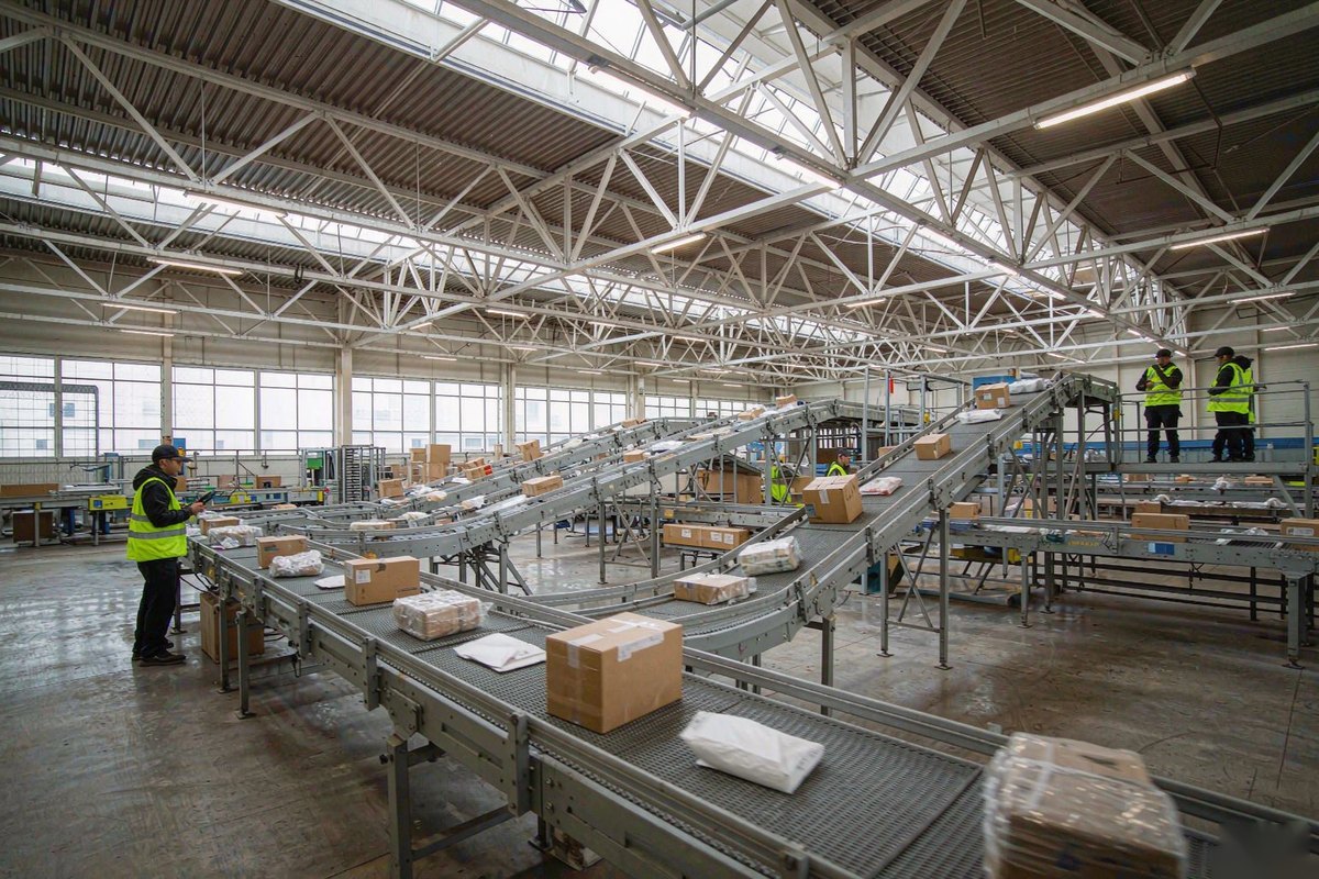 Parcels on a conveyor sorting line in a distribution centre