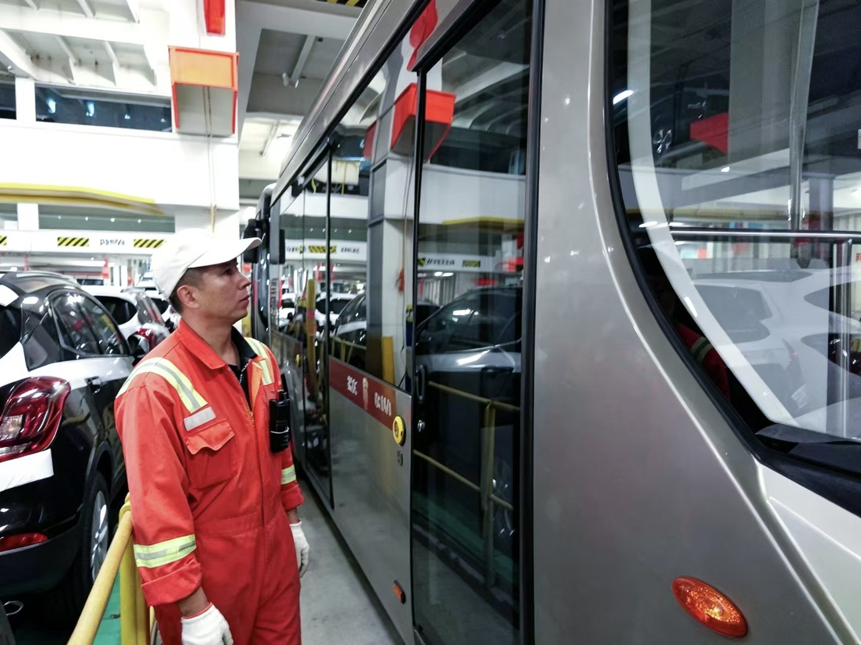 Electric vehicle on a Ro-Ro ship at the destination port for clearance