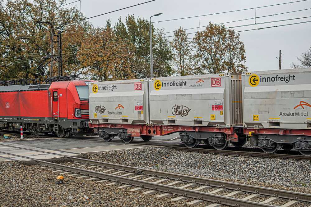 Freight train with shipping containers ready for international rail transport