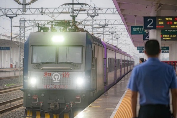 Purple scenic train arriving at the station