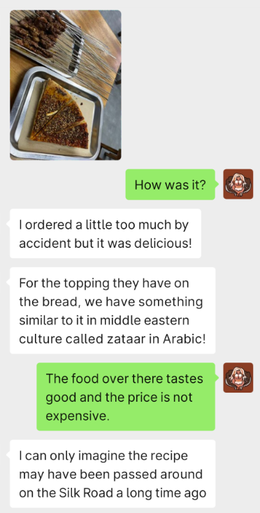 Chat screenshot: traveler's Xi'an dinner message — ordered too much but delicious, comparing the bread topping to Arabic zaatar and tracing it to the Silk Road