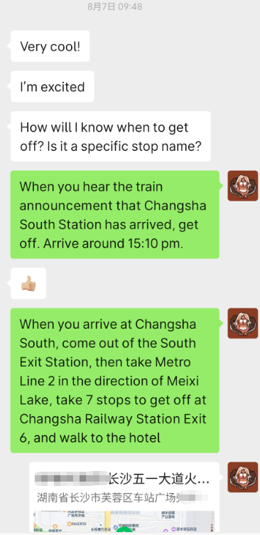 Chat screenshot: step-by-step metro instructions sent for arrival at Changsha South — take Metro Line 2 toward Meixi Lake, 7 stops to Changsha Railway Station exit 6, then walk to the hotel