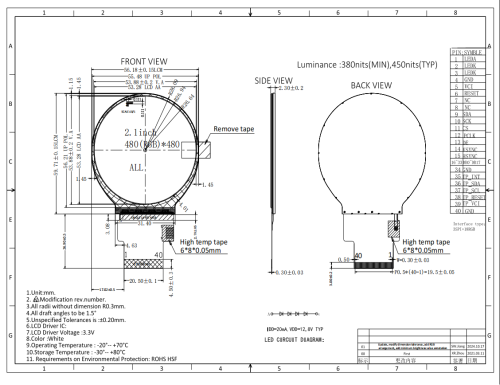 2.1-inch Round TFT-LCD Display Module (3-Wire SPI + RGB 18-bit Interface)