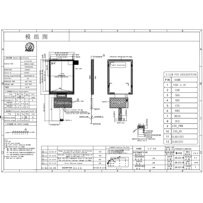 2.8" 240*320 IPS TFT LCD Module