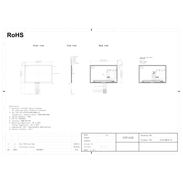 10.1 Inch Optical Bonding Capacitive Touch Monitor 1280x800 850nits HDMI DP USB 10-Point Touch Screen Display