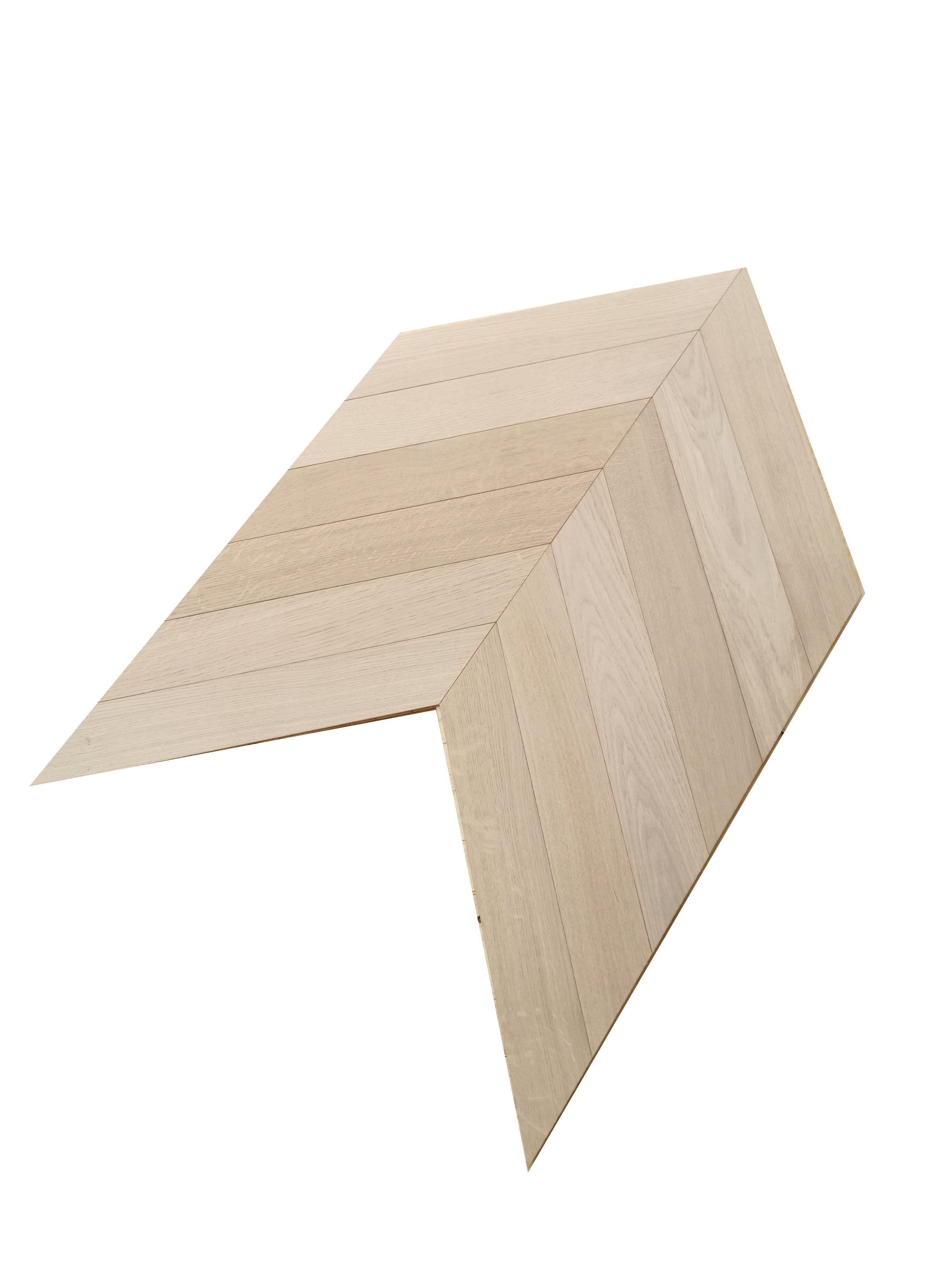 Close-up of brushed raw light oak wood grain texture with invisible finish, three-layer engineered chevron plank flooring detail, natural uncoated surface