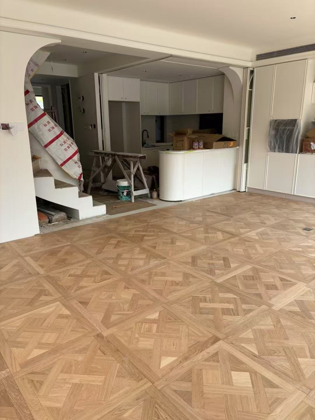 Engineered oak Versailles parquet panel flooring installed in a classic contemporary estate in Seoul, South Korea, featuring warm natural oak tone with brushed UV lacquer finish