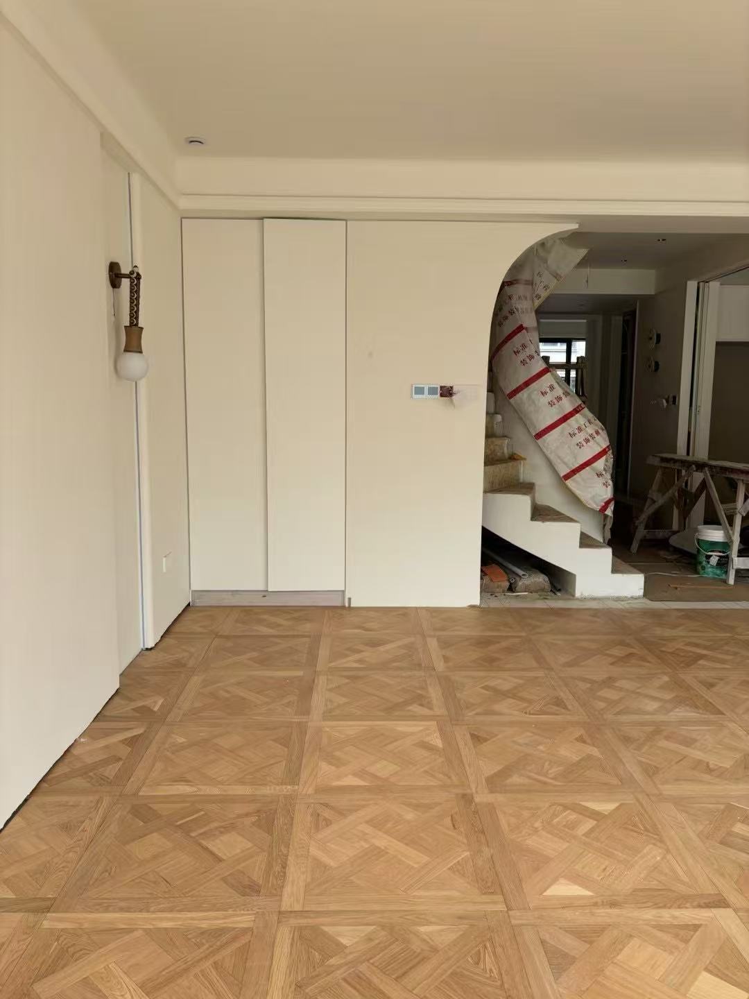Engineered oak Versailles parquet panel flooring installed in a classic contemporary estate in Seoul, South Korea, featuring warm natural oak tone with brushed UV lacquer finish