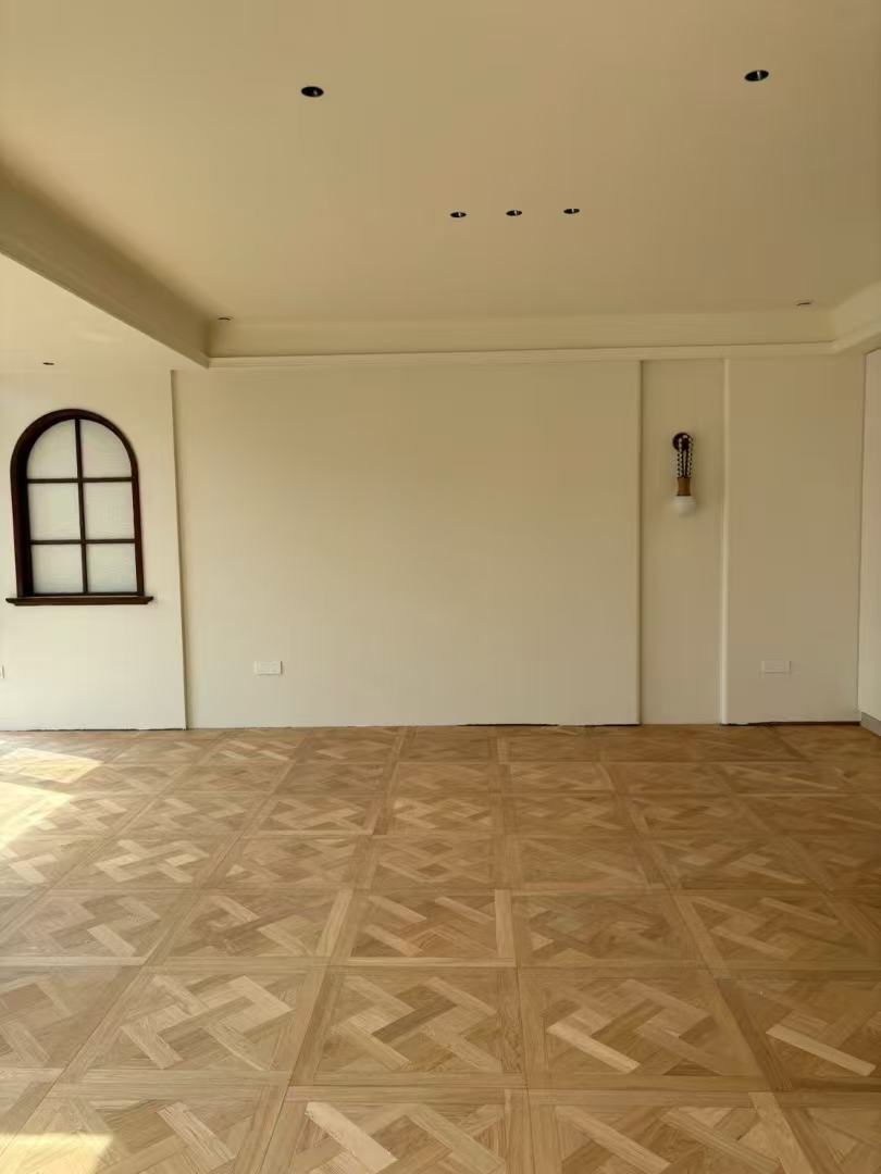 Engineered oak Versailles parquet panel flooring installed in a classic contemporary estate in Seoul, South Korea, featuring warm natural oak tone with brushed UV lacquer finish