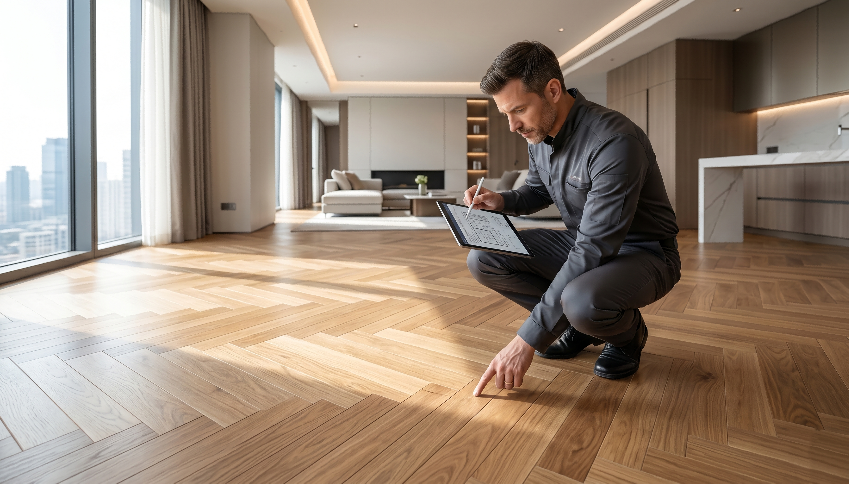 uxurious modern penthouse with newly installed Amuer herringbone wood flooring