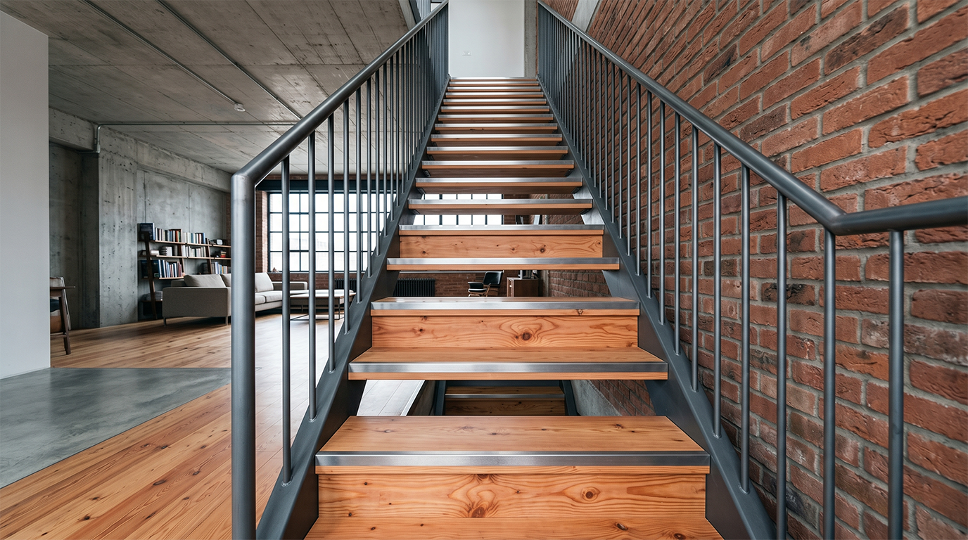 Larch wood pedal (including grain patterns) + rough oil finish surface + stainless steel trim strip at the front edge + steel pipe railing