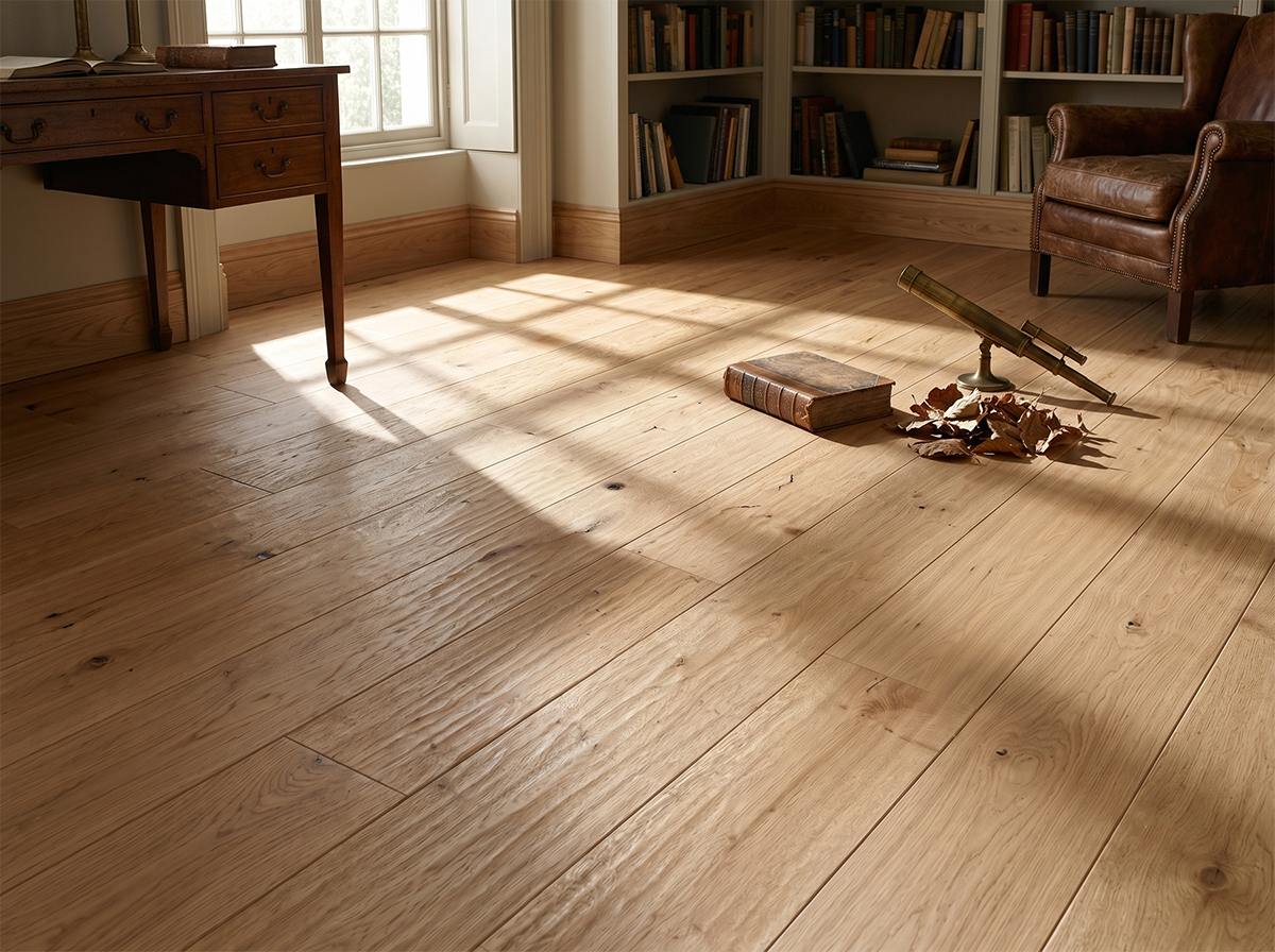 AM-06 oak flooring in raw authentic interior with lime-plaster walls and exposed stone