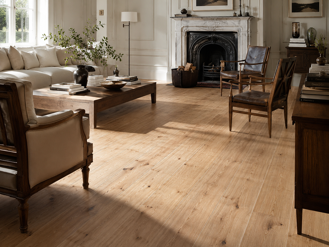 AM-06 wide plank oak flooring in grand country house interior with period joinery
