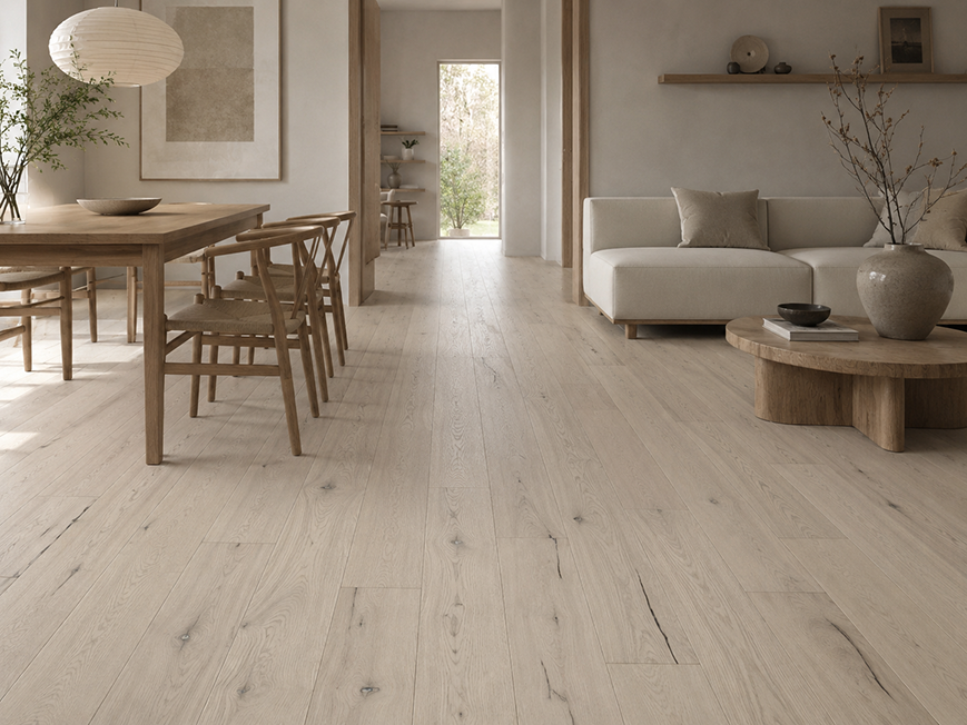 AM-16 ivory white oak flooring in Japandi natural minimalist interior with linen and stone
