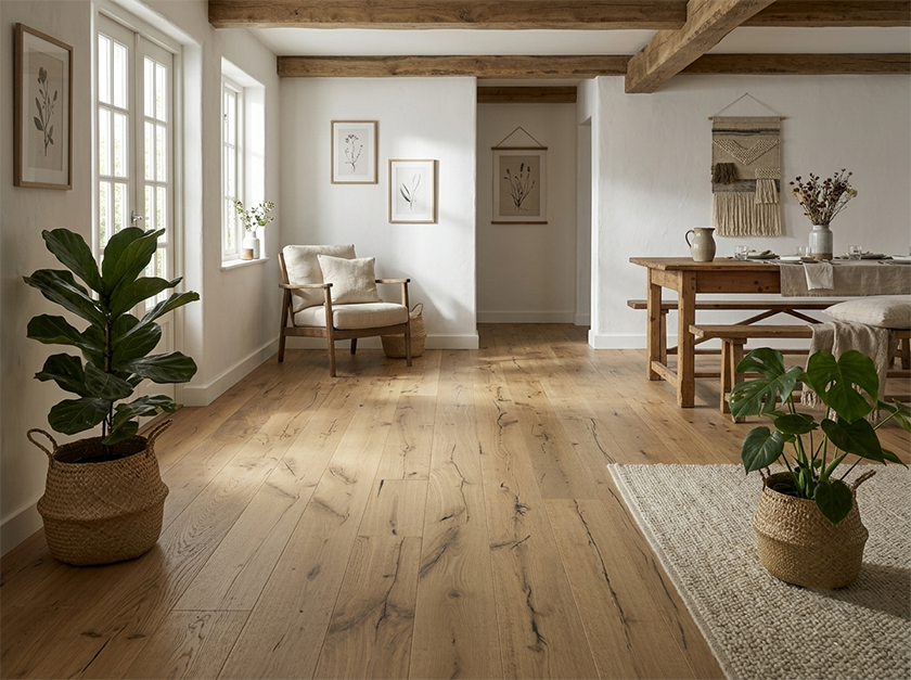 AM-03 white oak flooring in Nordic farmhouse interior with whitewashed beams and worn linen