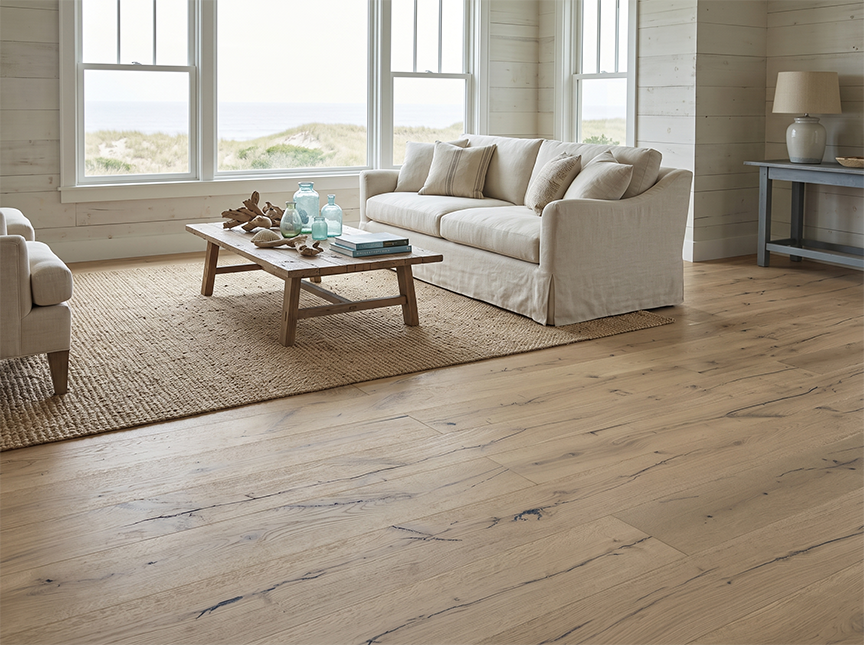 AM-03 white oak flooring in weathered coastal interior with driftwood and sea-worn timber furniture