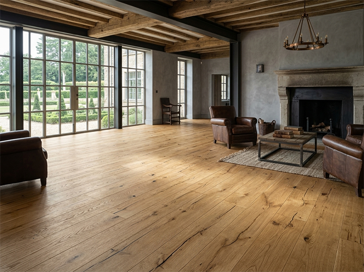AM-02 oak flooring in heritage renovation interior with original stonework and aged timber joinery