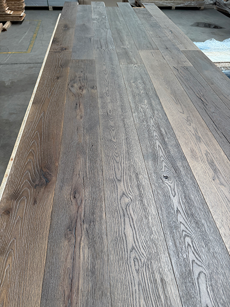 AH-12 embossed chemical-treated grey oak long plank engineered flooring, EF grade with T&G joint, Dalian factory stock