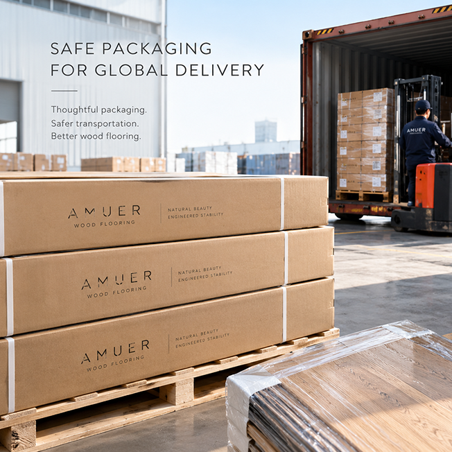 How does AMUER protect wood flooring during international shipping?