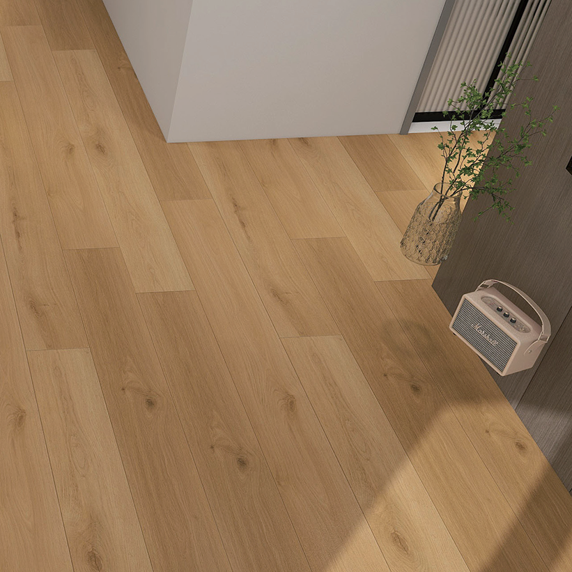 AMUER The Atlantic series SPC hybrid flooring installed in modern minimalist interior, light European oak finish with natural wood grain, floating installation on indoor living space, warm natural lighting