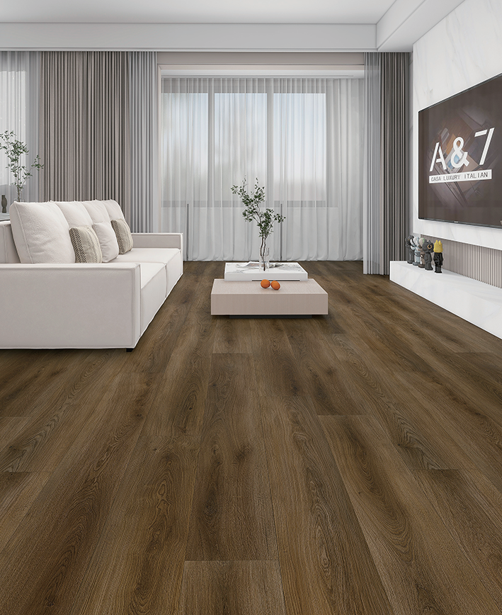 AMUER The Atlantic series dark brown SPC hybrid flooring installed in modern luxury living room, white fabric sofa, marble TV feature wall, sheer curtains, bright natural daylight, warm underfoot floating installation