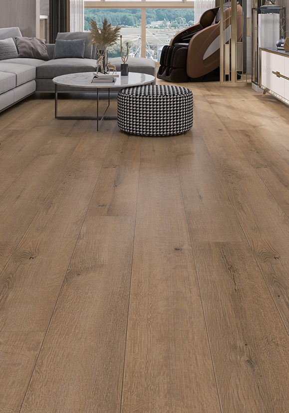 The Caribbean SPC flooring oak wood look in a modern living room from AMUER