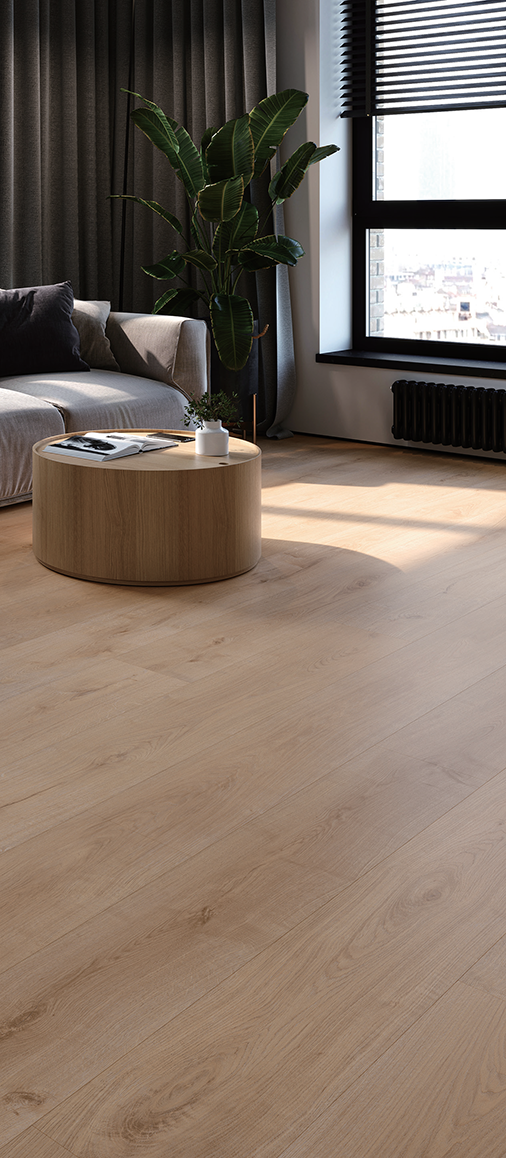 The Digital Printed SPC flooring oak wood look in a modern living room from AMUER
