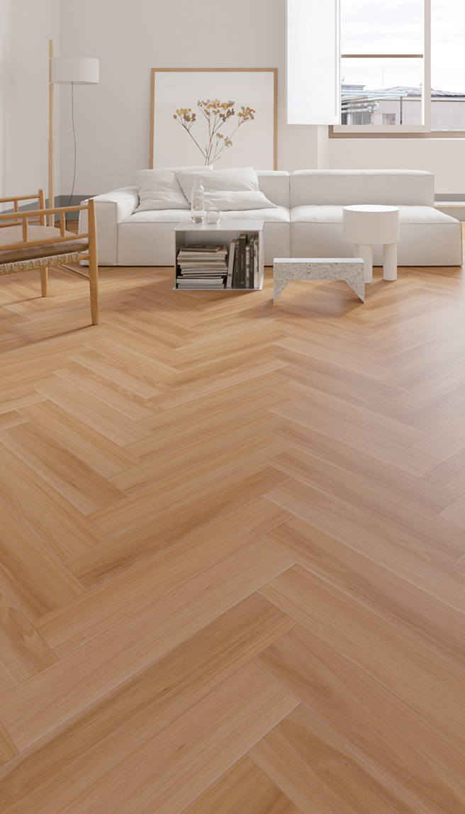 The Herringbone SPC flooring herringbone oak planks in a modern living room