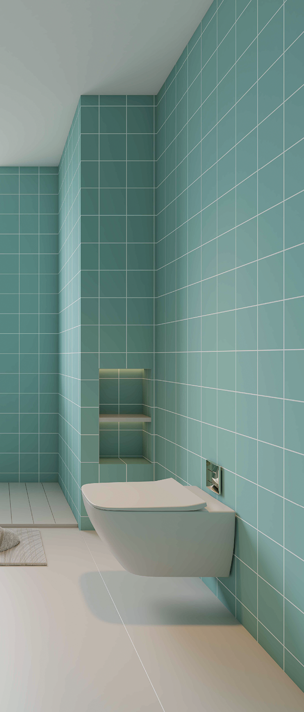 SPC wall panels in a modern bathroom with green tile-look cladding