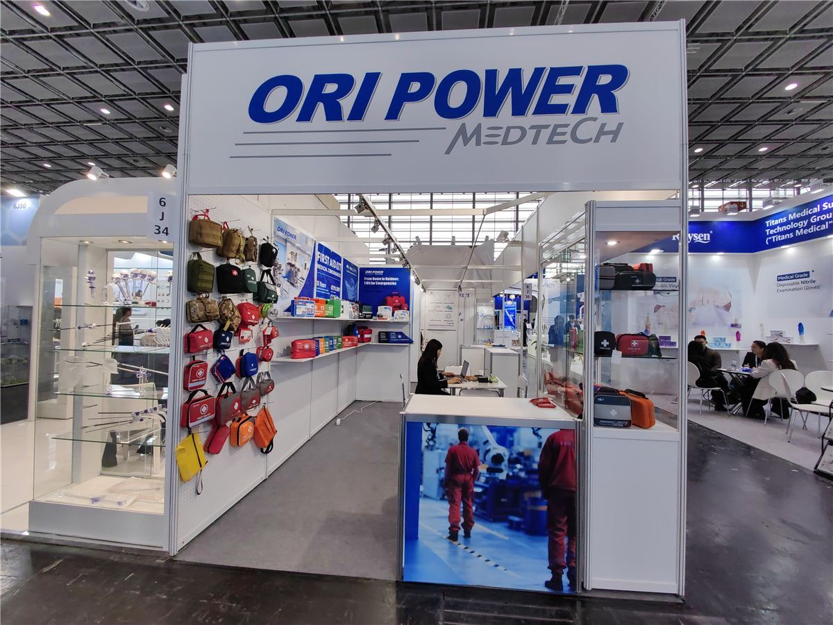 First aid kits on display at the ORI-POWER MEDTECH booth, MEDICA 2025