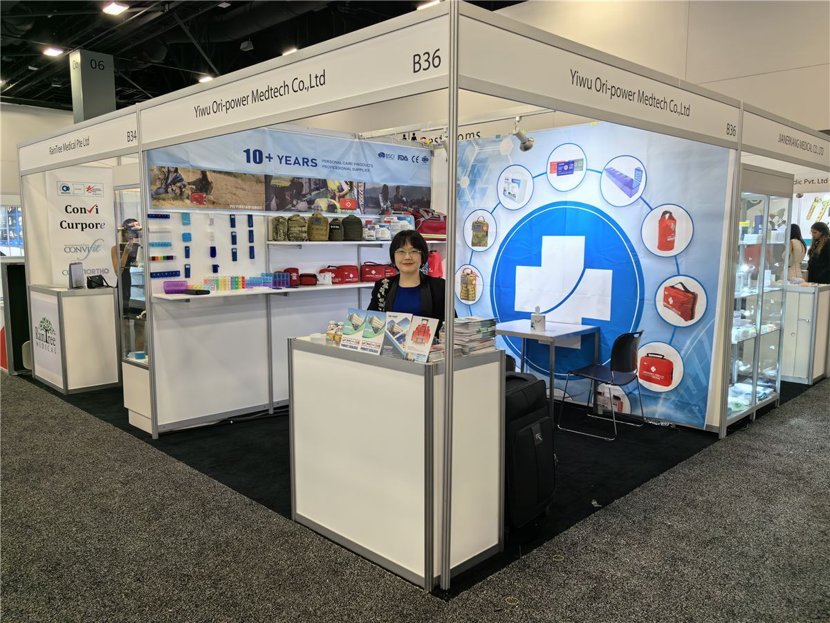 First aid kits and pill organizers at the ORI-POWER MEDTECH booth, FIME 2024