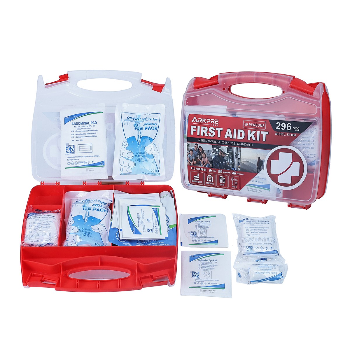 Factory first aid kit contents laid out with wound care and burn care supplies