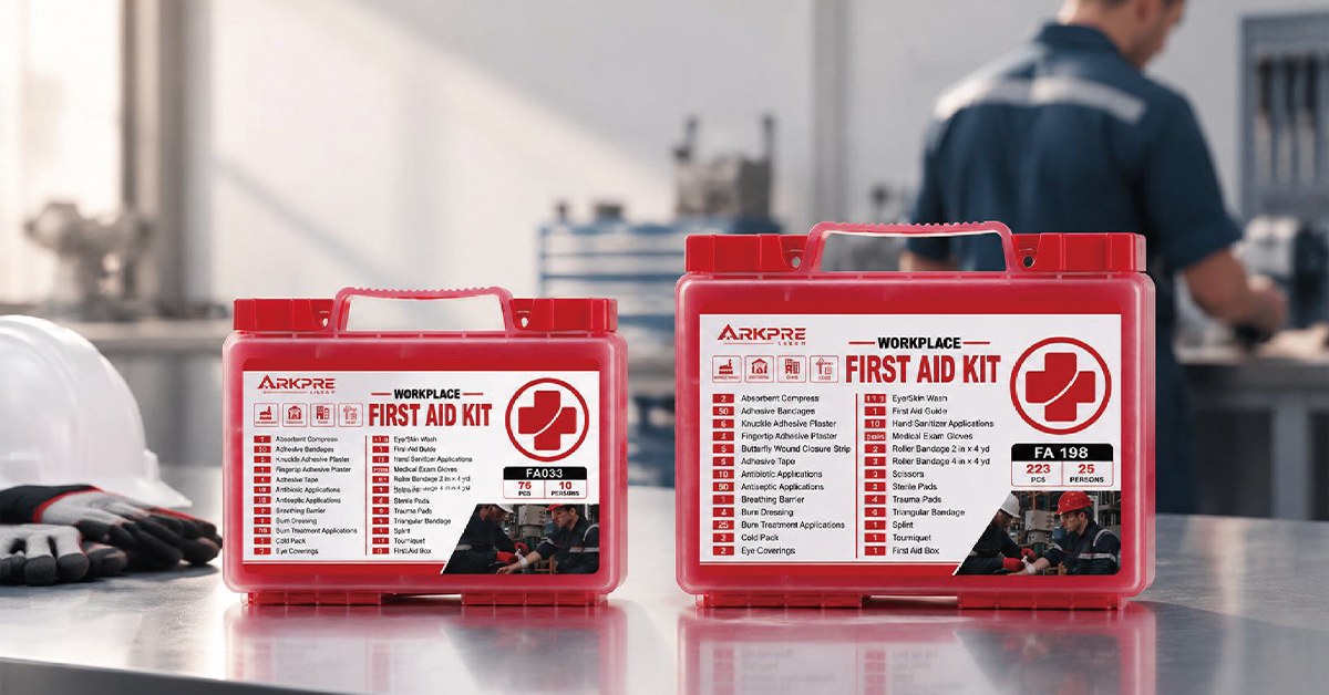 Factory first aid kit stationed in a production workshop area