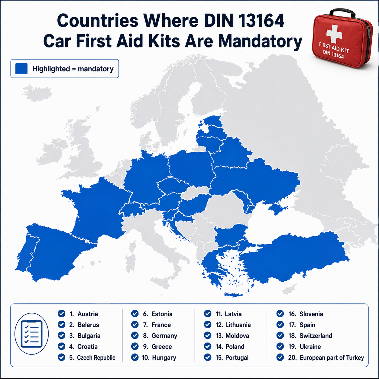 A map of Europe highlighting countries where a DIN 13164 first aid kit is mandatory