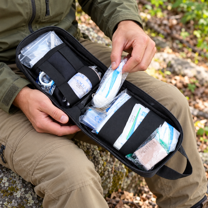 A person accessing the contents of an ORI POWER Tactical IFAK Kit in an outdoor setting