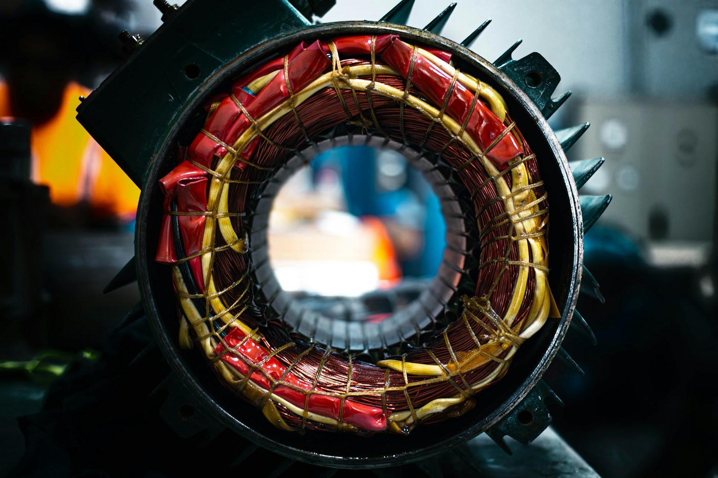 Close-up of copper windings inside an electric motor housing.