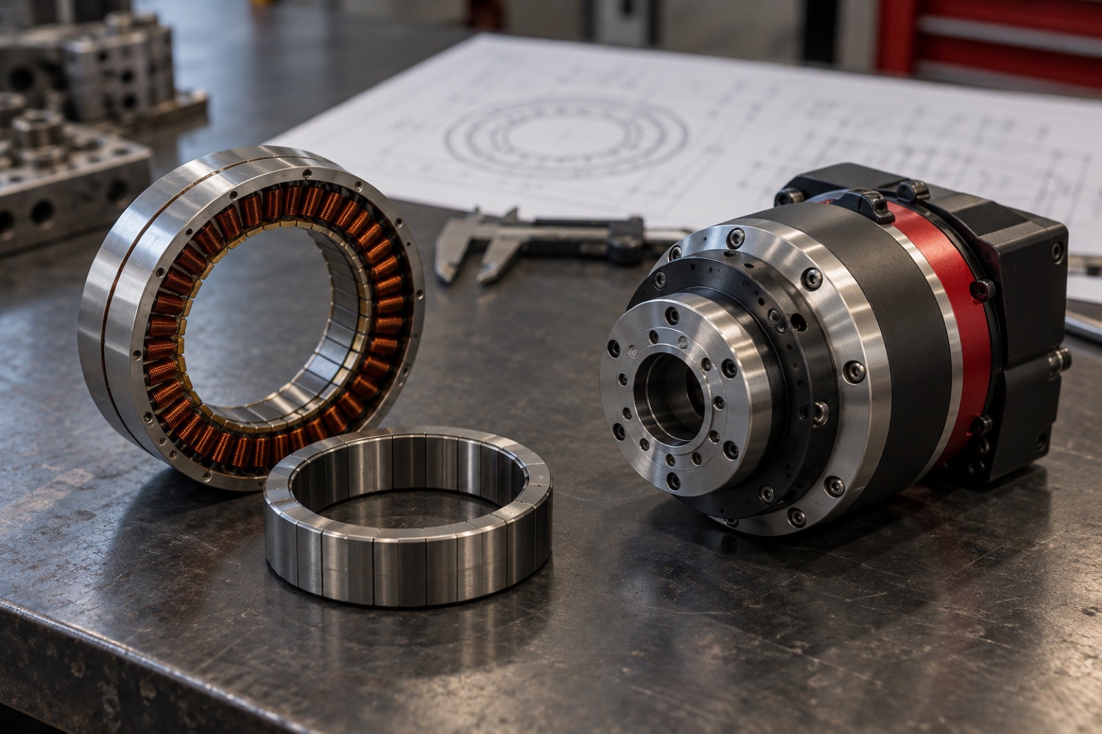 Conceptual comparison of a separate frameless motor kit and a housed robot joint module on an engineering table