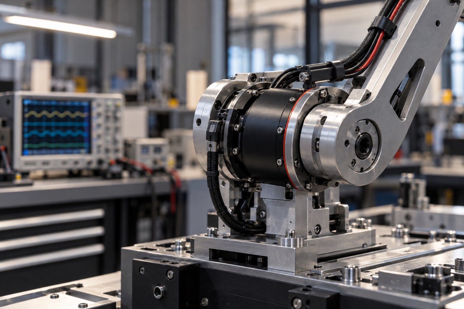 Conceptual robot elbow actuator on an engineering evaluation fixture with measurement equipment in the background