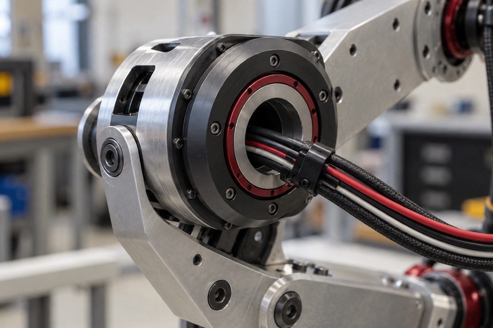 Conceptual close-up of protected power and signal cables routed through the center of a hollow robot joint