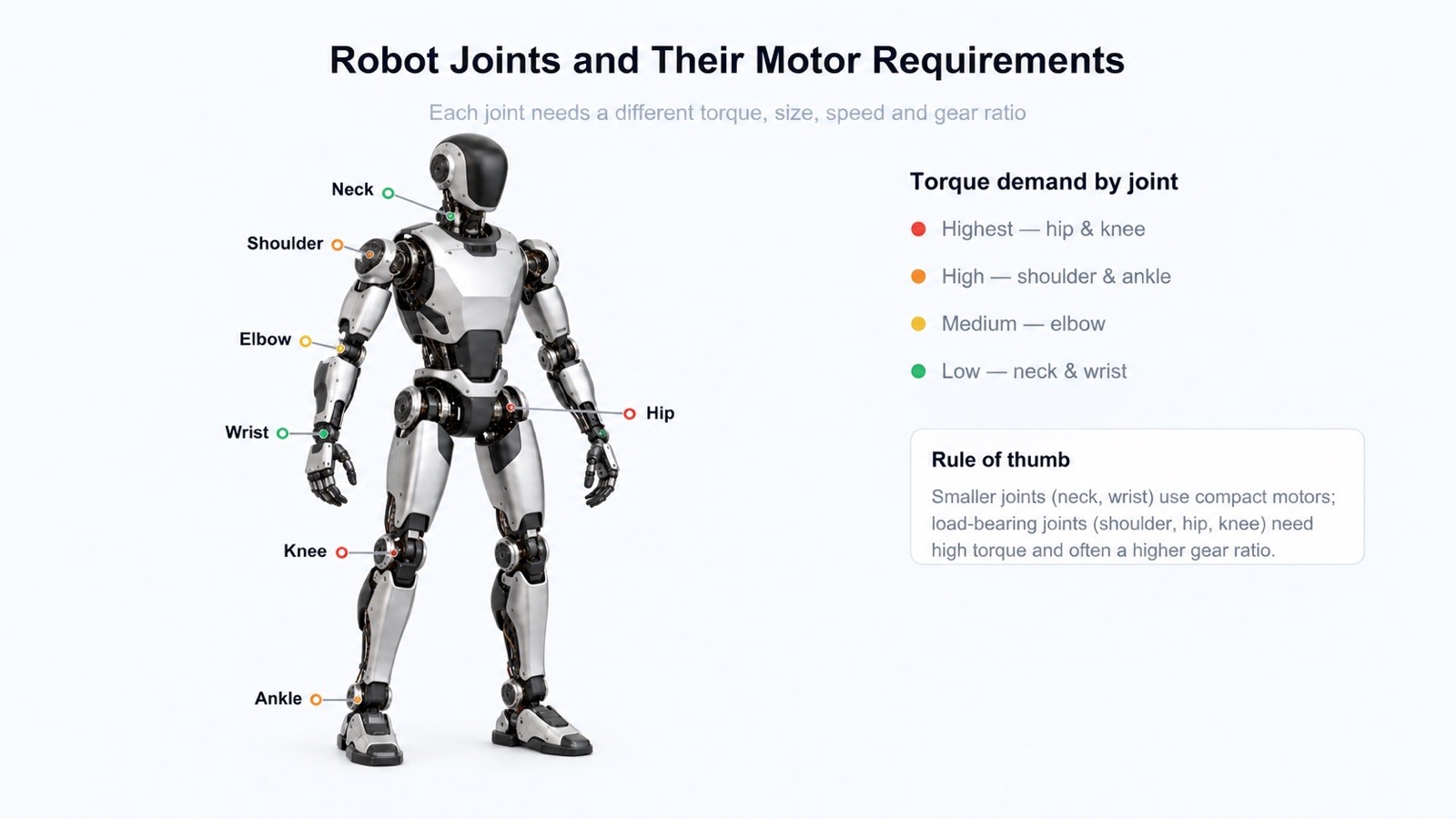 Illustrative humanoid robot joint map showing relative torque demands at the neck, shoulders, elbows, wrists, hips, knees and ankles