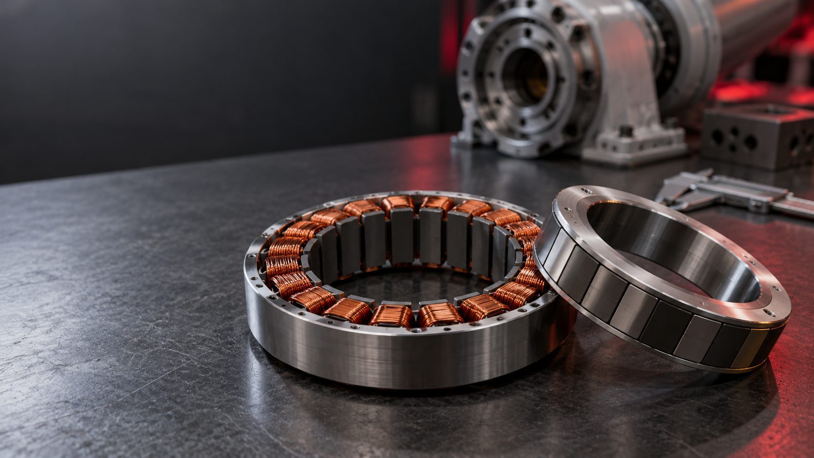AI-generated conceptual illustration of a separate frameless motor stator and rotor on an engineering bench