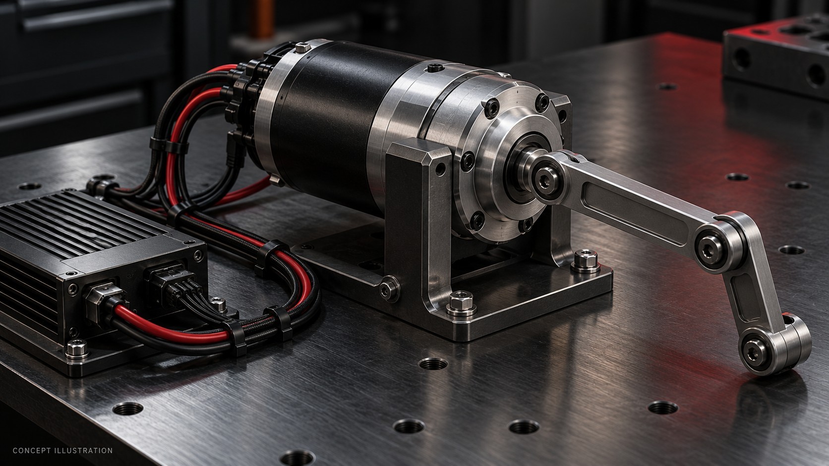 Concept illustration of a mounted joint actuator, feedback wiring and driver on an engineering bench