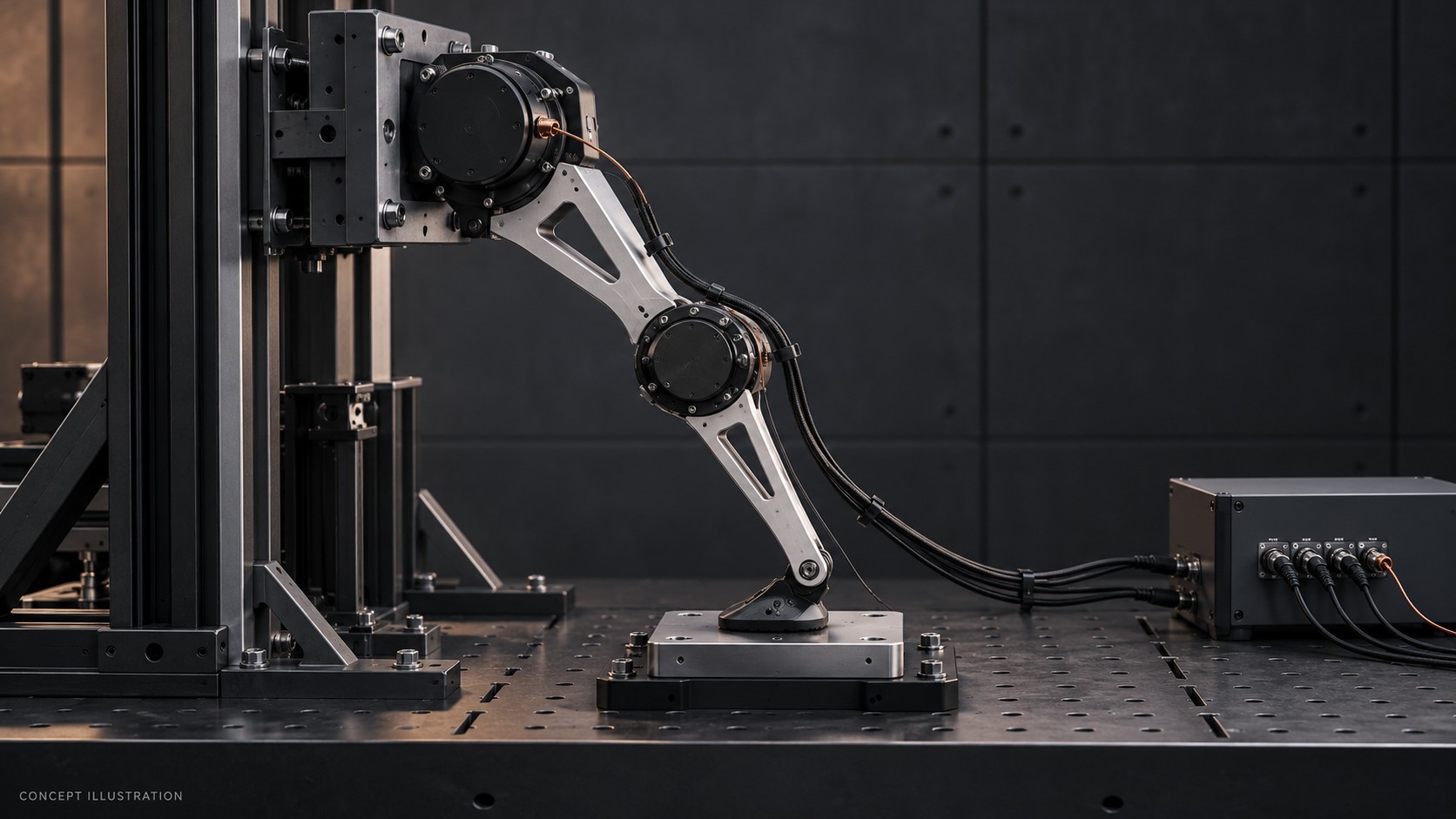 Concept illustration of an articulated leg in a fixed test frame with a foot force plate and sensor wiring