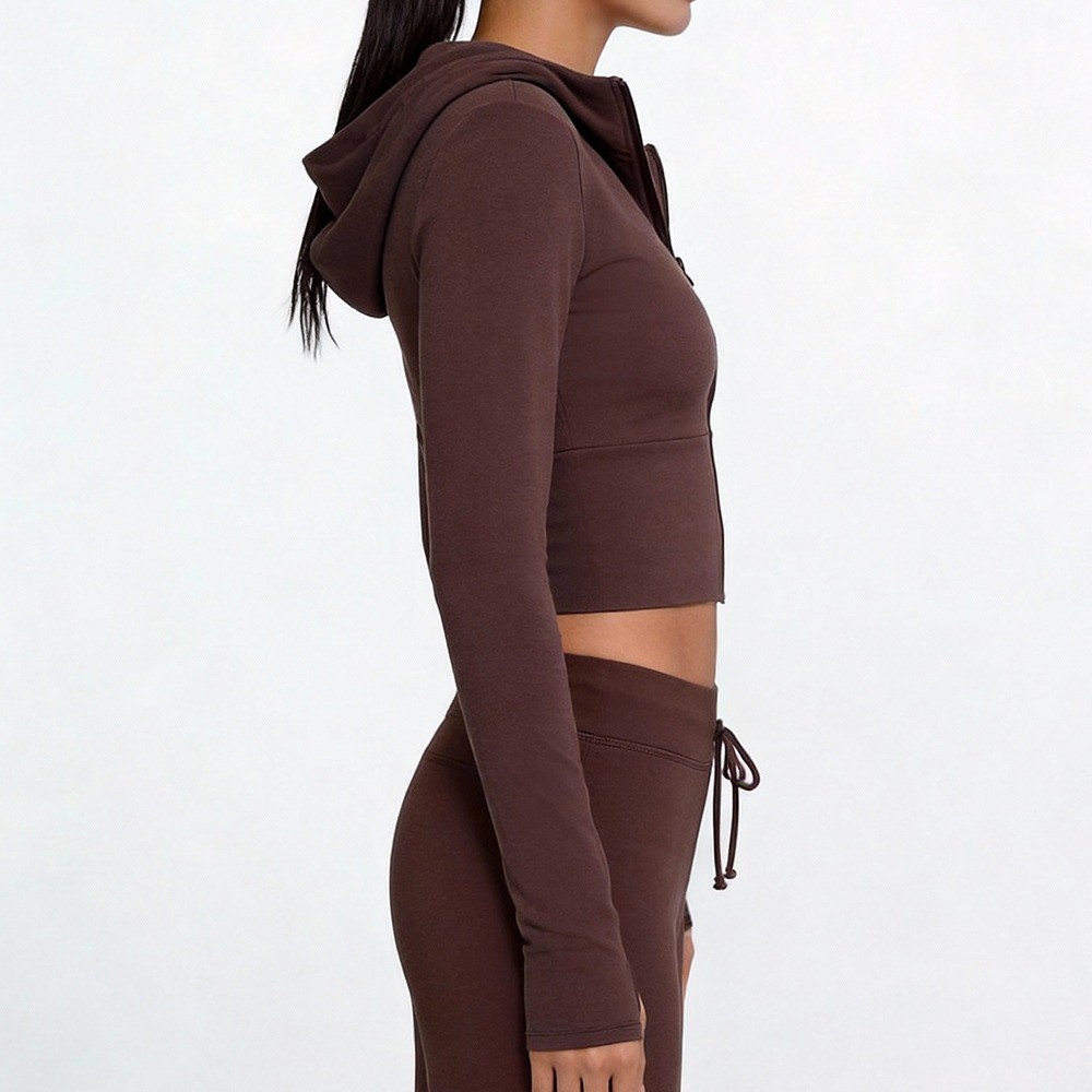 dark brown cropped zip hoodie jacket fabric
