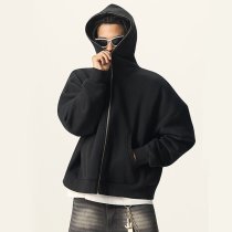 Custom Wholesale Black Full Zip Cropped Boxy Hoodie Manufacturer | OEM Hoodie factory